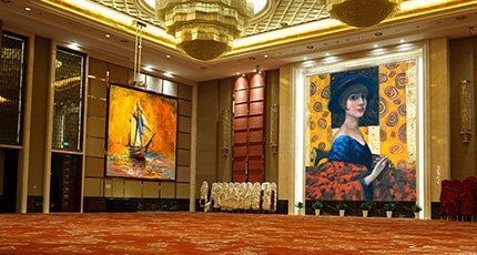 Huge Hall interior with red carpet and ceiling with lights in Hotel - Hall interior Wall Art